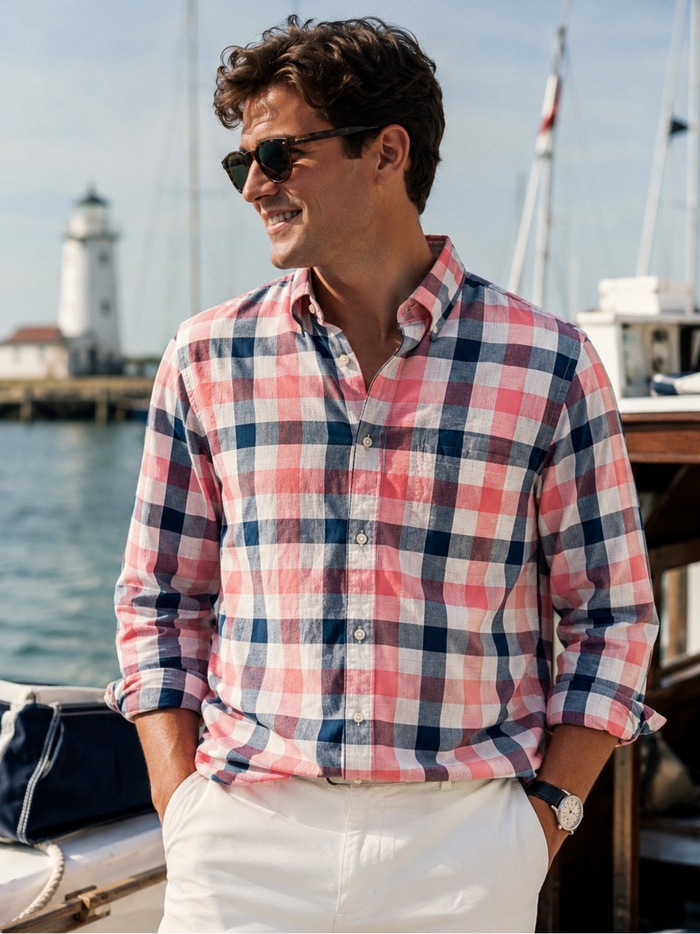 Banana Republic Coral and Navy Check Button-Down Shirt-00A